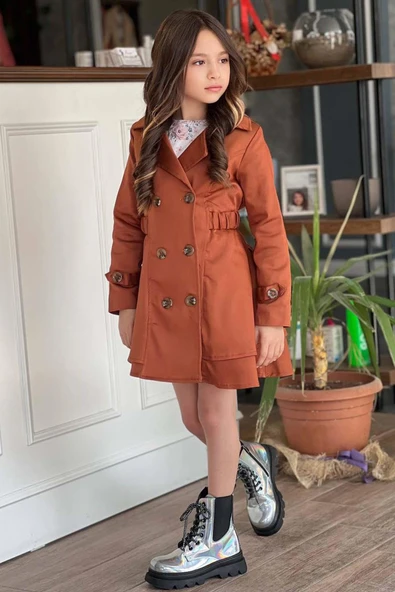 Kız Çocuk Çiçek Desenli Piliseli Kiremit Trençkotlu Elbise - Resim 4