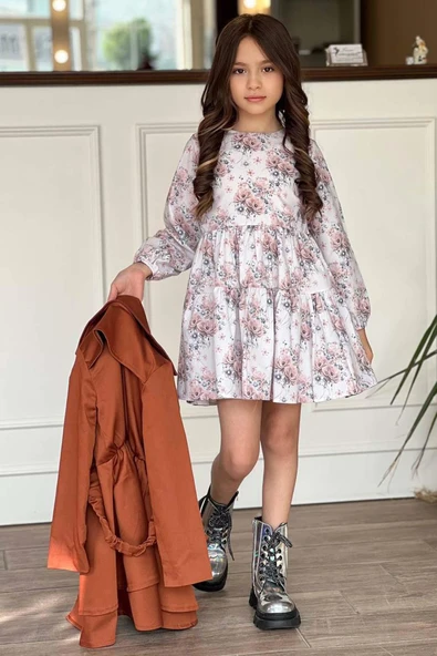 Kız Çocuk Çiçek Desenli Piliseli Kiremit Trençkotlu Elbise - Resim 6