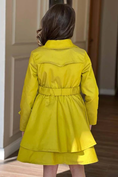 Kız Çocuk Çiçek Desenli Piliseli Sarı Trençkotlu Elbise - Resim 6