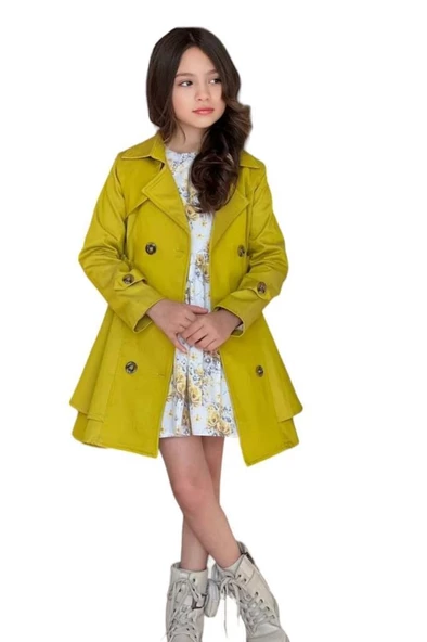 Kız Çocuk Çiçek Desenli Piliseli Sarı Trençkotlu Elbise ürün görseli