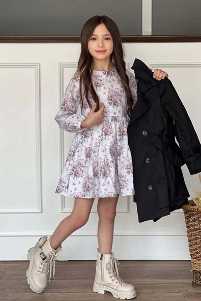 Kız Çocuk Çiçek Desenli Piliseli Siyah Trençkotlu Elbise - Resim 7