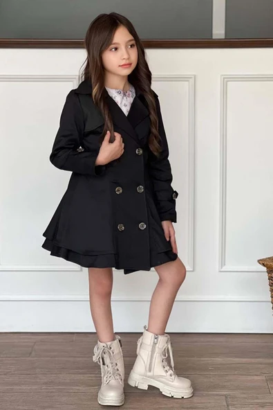 Kız Çocuk Çiçek Desenli Piliseli Siyah Trençkotlu Elbise - Resim 6