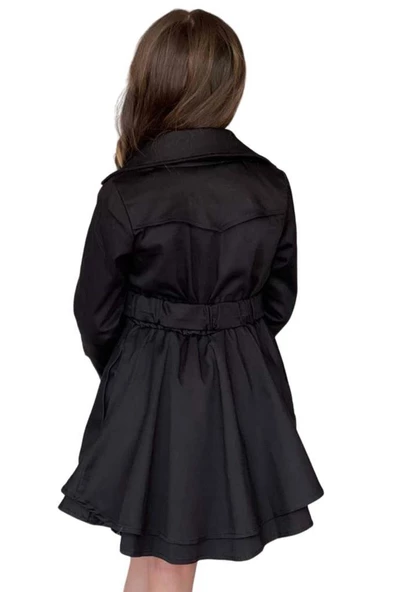 Kız Çocuk Çiçek Desenli Piliseli Siyah Trençkotlu Elbise - Resim 4