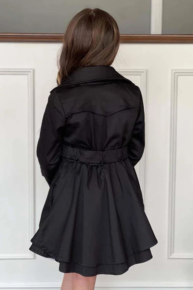 Kız Çocuk Çiçek Desenli Piliseli Siyah Trençkotlu Elbise - Resim 8