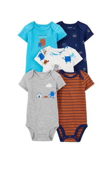 Carter's Layette Erkek Bebek 5'Li Kısa Kol Body 1Q124510 Karışık Renkli