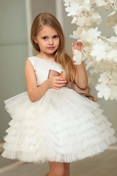 Kız Çocuk Simli Fiyonk Detaylı Kat Kat Tüllü Beyaz Abiye - Resim 8