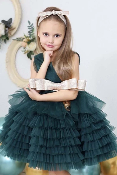 Kız Çocuk Simli Fiyonk Detaylı Kat Kat Tüllü Yeşil Abiye - Resim 4