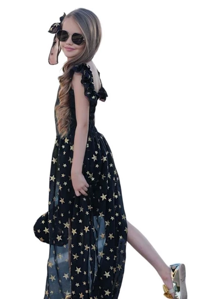 Kız Çocuk Yıldız Desenli Kayık Yaka Tül Kuyruklu Siyah Şortlu Tulum - Resim 2