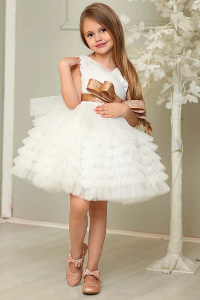 Kız Çocuk Simli Fiyonk Detaylı Kat Kat Tüllü Beyaz Abiye - Resim 5