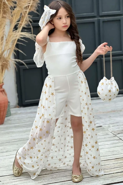 Kız Çocuk Yıldız Desenli Kayık Yaka Tül Kuyruklu Beyaz Şortlu Tulum - Resim 6
