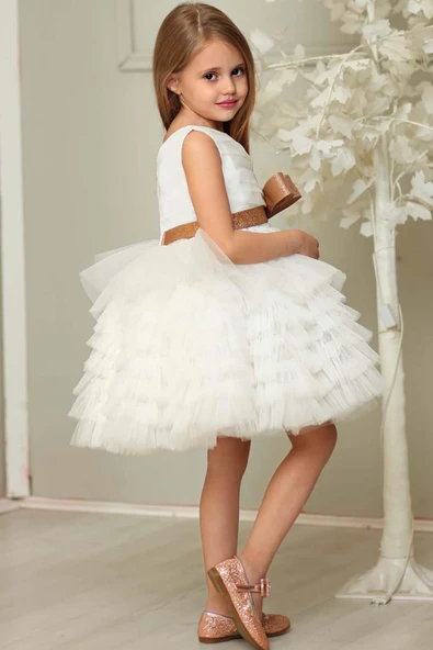 Kız Çocuk Simli Fiyonk Detaylı Kat Kat Tüllü Beyaz Abiye - Resim 7