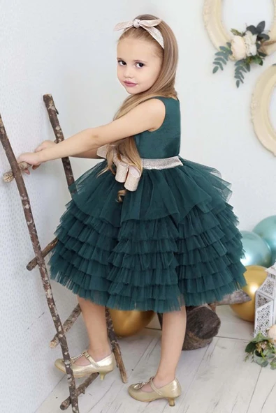 Kız Çocuk Simli Fiyonk Detaylı Kat Kat Tüllü Yeşil Abiye - Resim 2