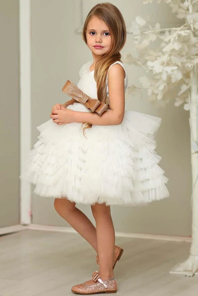 Kız Çocuk Simli Fiyonk Detaylı Kat Kat Tüllü Beyaz Abiye - Resim 6
