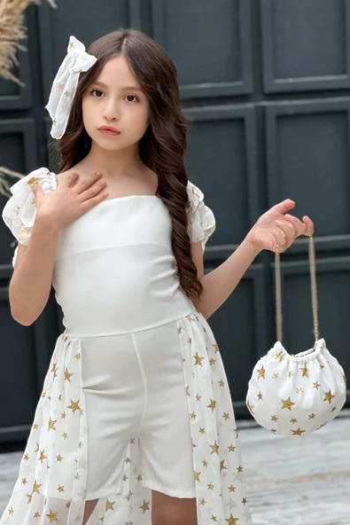 Kız Çocuk Yıldız Desenli Kayık Yaka Tül Kuyruklu Beyaz Şortlu Tulum - Resim 7