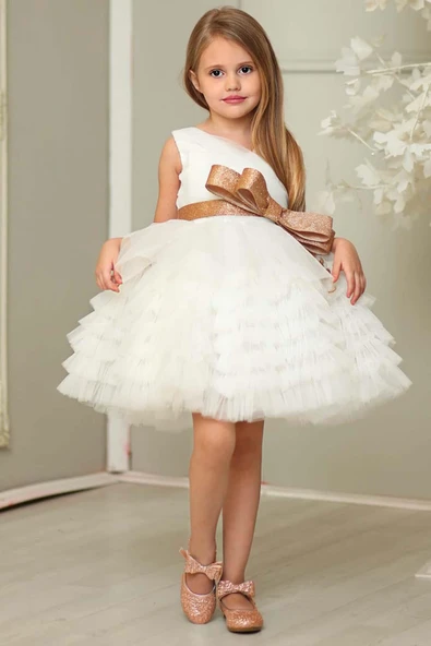 Kız Çocuk Simli Fiyonk Detaylı Kat Kat Tüllü Beyaz Abiye - Resim 4