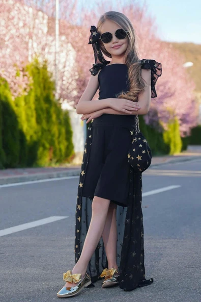 Kız Çocuk Yıldız Desenli Kayık Yaka Tül Kuyruklu Siyah Şortlu Tulum - Resim 4