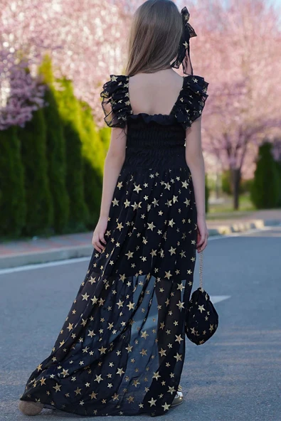 Kız Çocuk Yıldız Desenli Kayık Yaka Tül Kuyruklu Siyah Şortlu Tulum - Resim 6