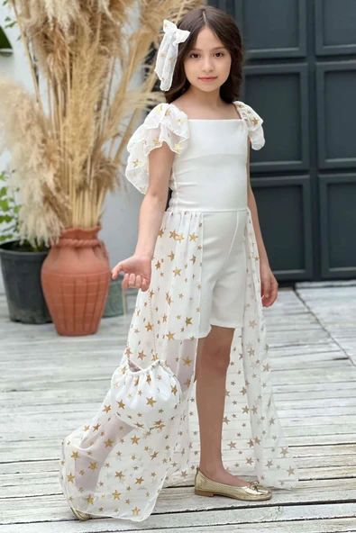 Kız Çocuk Yıldız Desenli Kayık Yaka Tül Kuyruklu Beyaz Şortlu Tulum - Resim 5