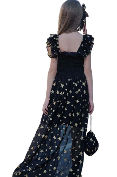 Kız Çocuk Yıldız Desenli Kayık Yaka Tül Kuyruklu Siyah Şortlu Tulum - Resim 3