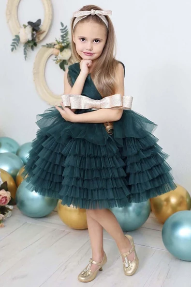 Kız Çocuk Simli Fiyonk Detaylı Kat Kat Tüllü Yeşil Abiye ürün görseli