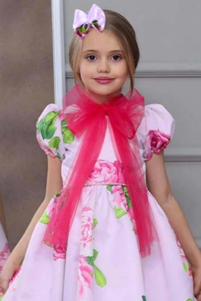 Kız Çocuk Çiçek Baskılı Yakası Transparan Fiyonk Detaylı Pembe Elbise - 5