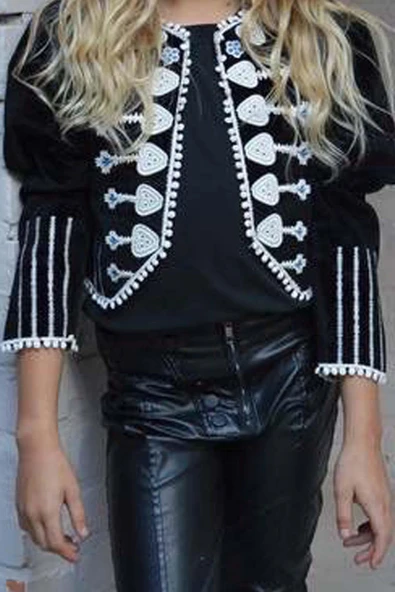 Kız Çocuk Fermuar Detaylı Deri Pantolon Yakası ve Önü Dantel İşlemeli Kadife Siyah Ceket Alt Üst Takım - 4