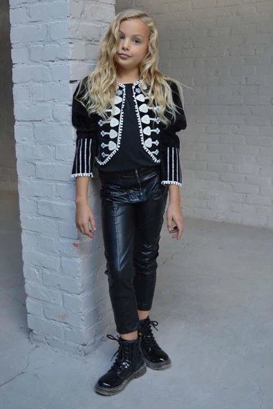 Kız Çocuk Fermuar Detaylı Deri Pantolon Yakası ve Önü Dantel İşlemeli Kadife Siyah Ceket Alt Üst Takım