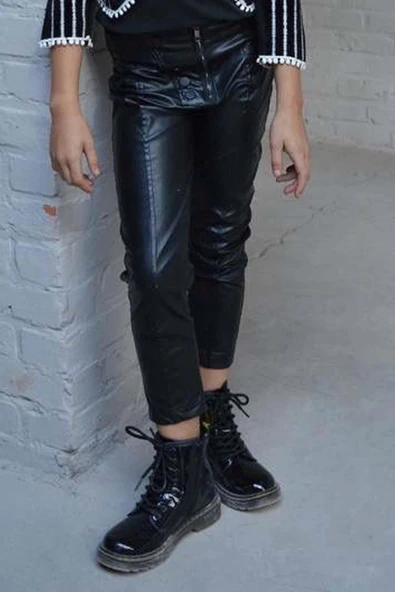 Kız Çocuk Fermuar Detaylı Deri Pantolon Yakası ve Önü Dantel İşlemeli Kadife Siyah Ceket Alt Üst Takım - 3