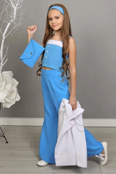Kız Çocuk Zincir ve Omuzu Fırfırlı Blazer Ceket ve İspanyol Paça Mavi Pantolon Alt Üst Takım - Resim 6