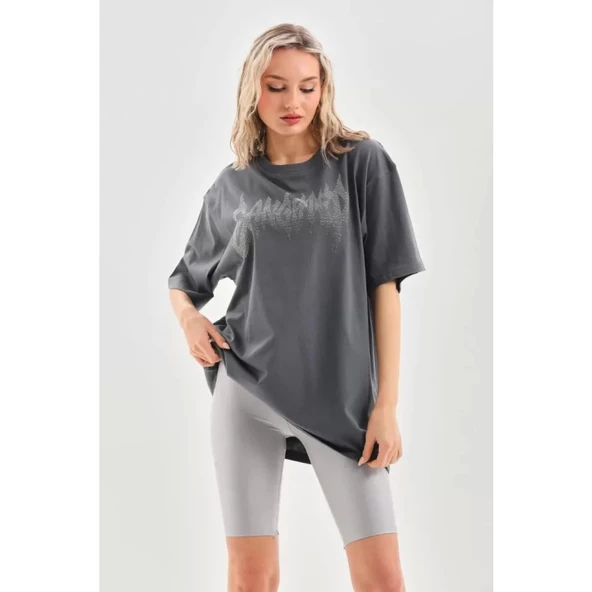 Unisex Taş Desenli Oversize T-Shirt - Füme