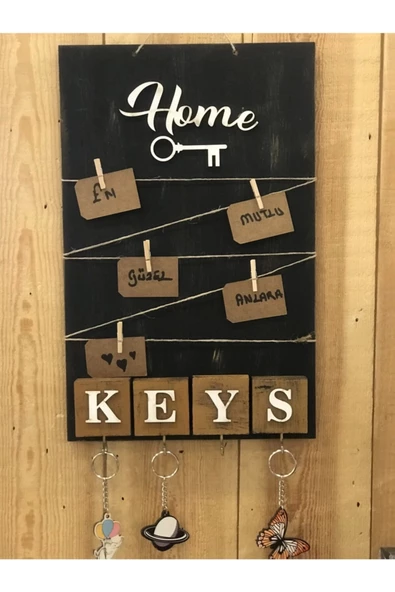 Dekoratif Home Keys Ahşap Resimlik ve Notluk (siyah)