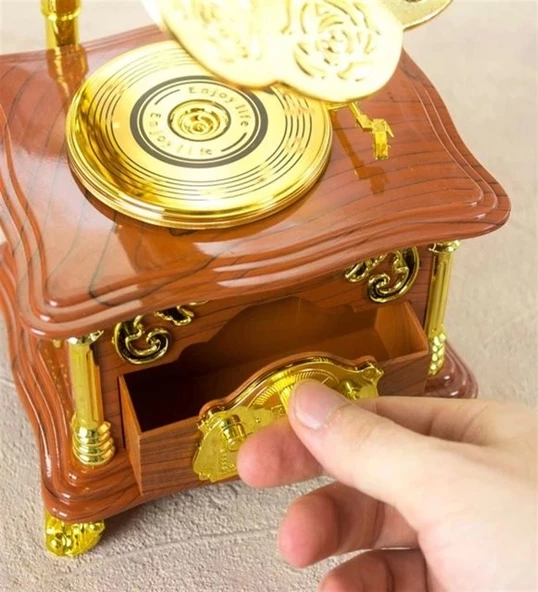 Nostaljik Tasarımlı Kurmalı ve Çekmeceli Gramofon Müzik Kutusu (kahverengi) - 4