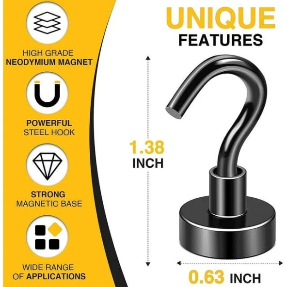 Valkyrie 10 Adet Neodyum Mıknatıs Askı Seti 14kg Taşıma Kanca Mutfak Buzdolabı Banyo Kapı Dolap Balkon Tekne Siyah - 2