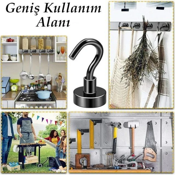 Valkyrie 10 Adet Neodyum Mıknatıs Askı Seti 14kg Taşıma Kanca Mutfak Buzdolabı Banyo Kapı Dolap Balkon Tekne Siyah - 5