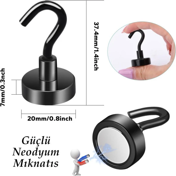 Valkyrie 10 Adet Neodyum Mıknatıs Askı Seti 14kg Taşıma Kanca Mutfak Buzdolabı Banyo Kapı Dolap Balkon Tekne Siyah - 6