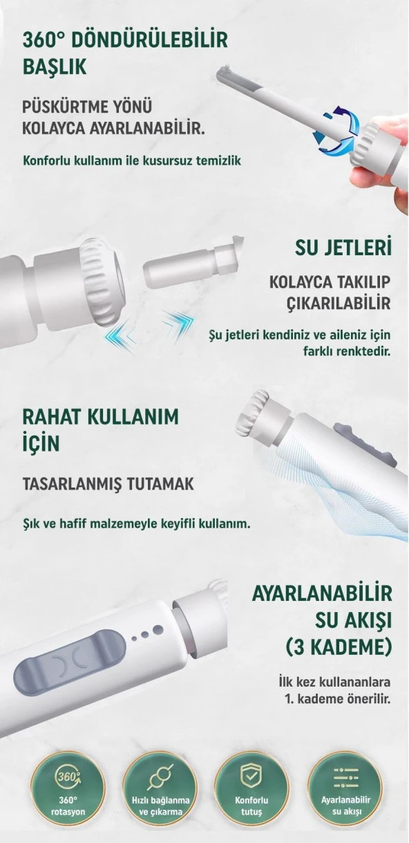Valkyrie 2 Başlıklı Musluk Ağız Duşu Şarj Hazne Pil Derdi Yok 3 Kademe Evrensel Musluk Uyumu Kolay Kurulum - 6