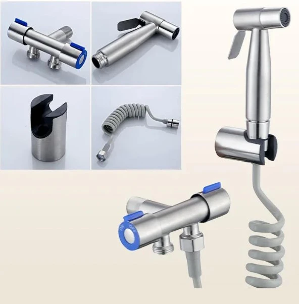 Valkyrie Paslanmaz Çelik Tuvalet Musluk Bide Seti Kolay Kurulum Kullanım Çift Çıkışlı Gümüş Evcil Hayvan Yıkama Aleti - 4