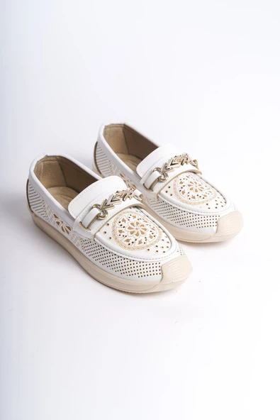 LILY Bağcıksız Ortopedik Rahat Taban Çiçek Desenli Babet Ayakkabı KT Beyaz - 4