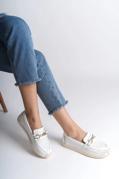 LILY Bağcıksız Ortopedik Rahat Taban Kalp Desenli Babet Ayakkabı KT Beyaz - 2