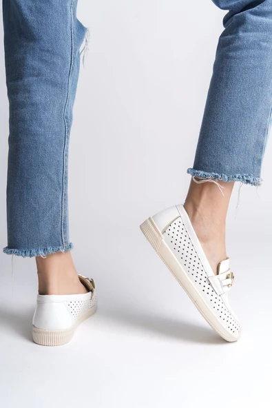 LILY Bağcıksız Ortopedik Rahat Taban Kalp Desenli Babet Ayakkabı KT Beyaz - 3