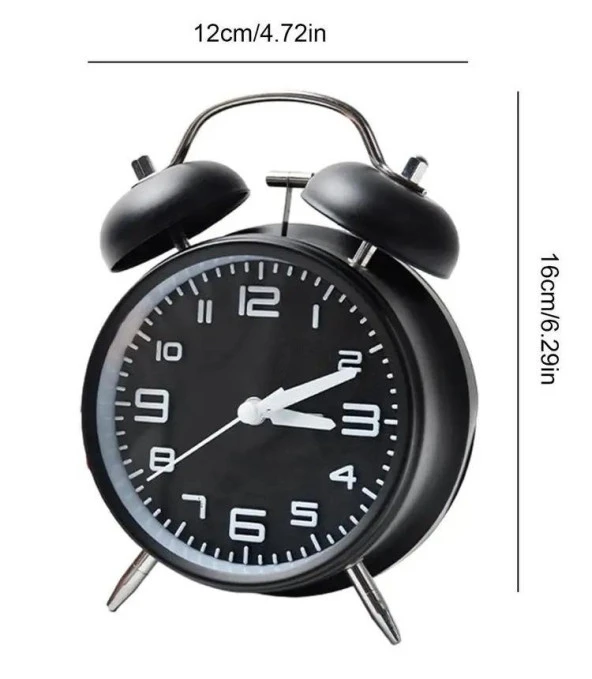 Valkyrie Sessiz Akar Saniyeli 16cm Alarm Masa Çalar Saat Yüksek Zil Sesi Büyük Boy Siyah - 5