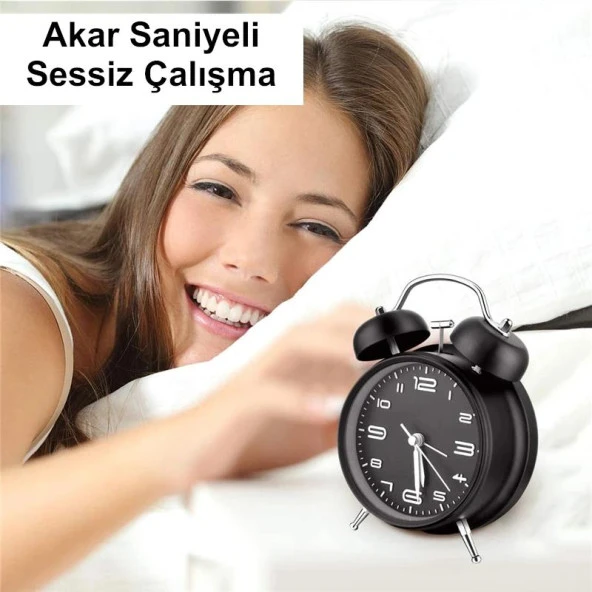Valkyrie Sessiz Akar Saniyeli 16cm Alarm Masa Çalar Saat Yüksek Zil Sesi Büyük Boy Siyah - 7