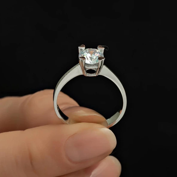 Kalpli Montür Swarovski Taşlı 925 Gümüş Tektaş Yüzük - Resim 12