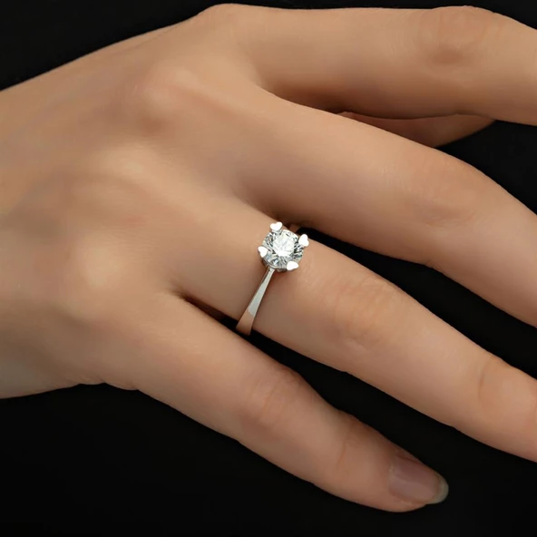 Kalpli Montür Swarovski Taşlı 925 Gümüş Tektaş Yüzük - Resim 7