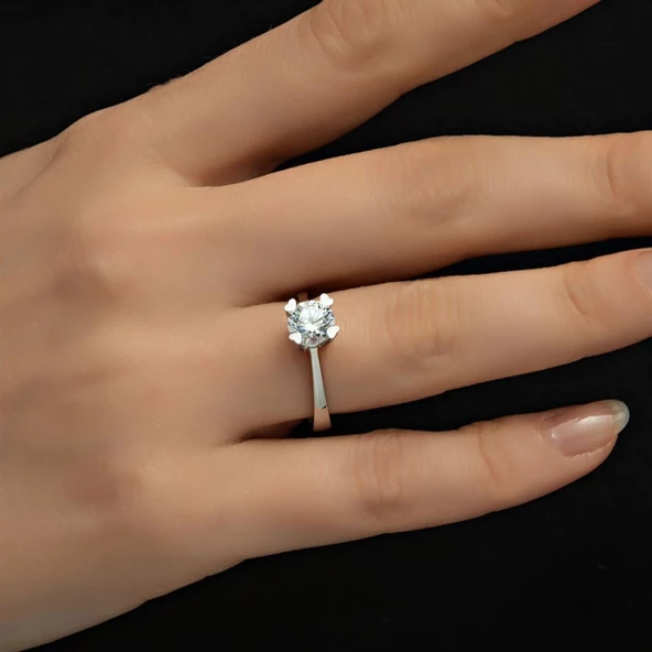 Kalpli Montür Swarovski Taşlı 925 Gümüş Tektaş Yüzük - Resim 6