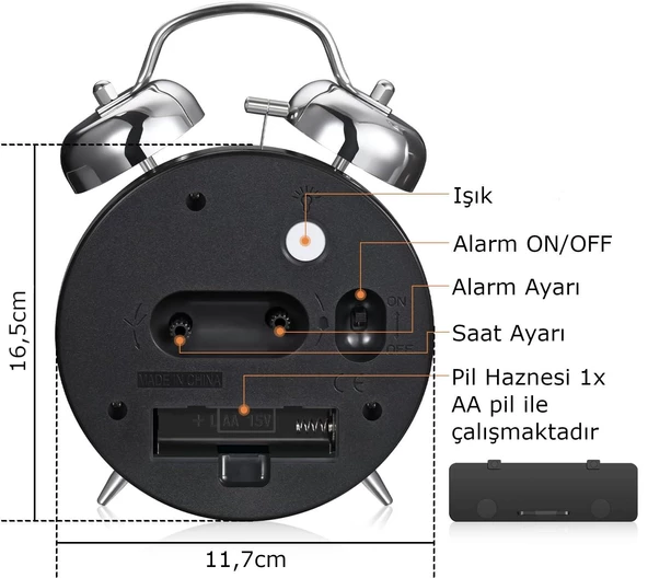 Valkyrie Akar Saniyeli Büyük Boy Nostaljik Analog Çalar Saat - Fosforlu Işıklı Alarmlı Yüksek Ses Hediyelik Saat Mavi - 3