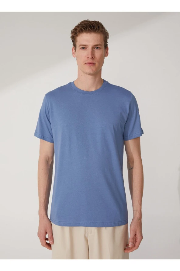 O Yaka Düz Mavi Erkek T-shirt Ts1014000281 - 3