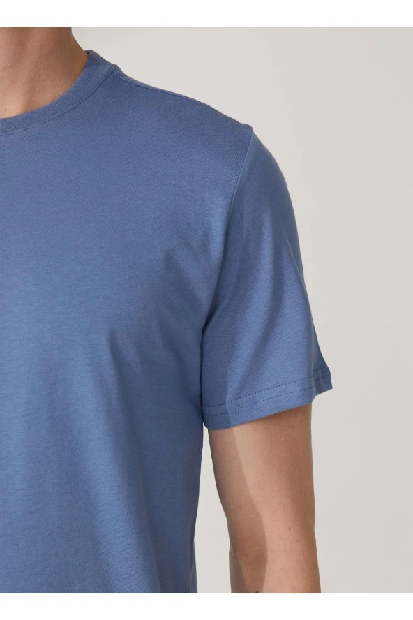 O Yaka Düz Mavi Erkek T-shirt Ts1014000281 - 5
