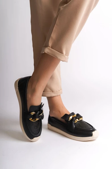 LYDIA Bağcıksız Ortopedik Rahat Taban Çiçek Desenli Babet Ayakkabı KT Siyah - 2