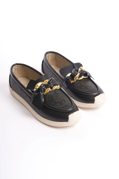 LYDIA Bağcıksız Ortopedik Rahat Taban Çiçek Desenli Babet Ayakkabı KT Siyah - 4